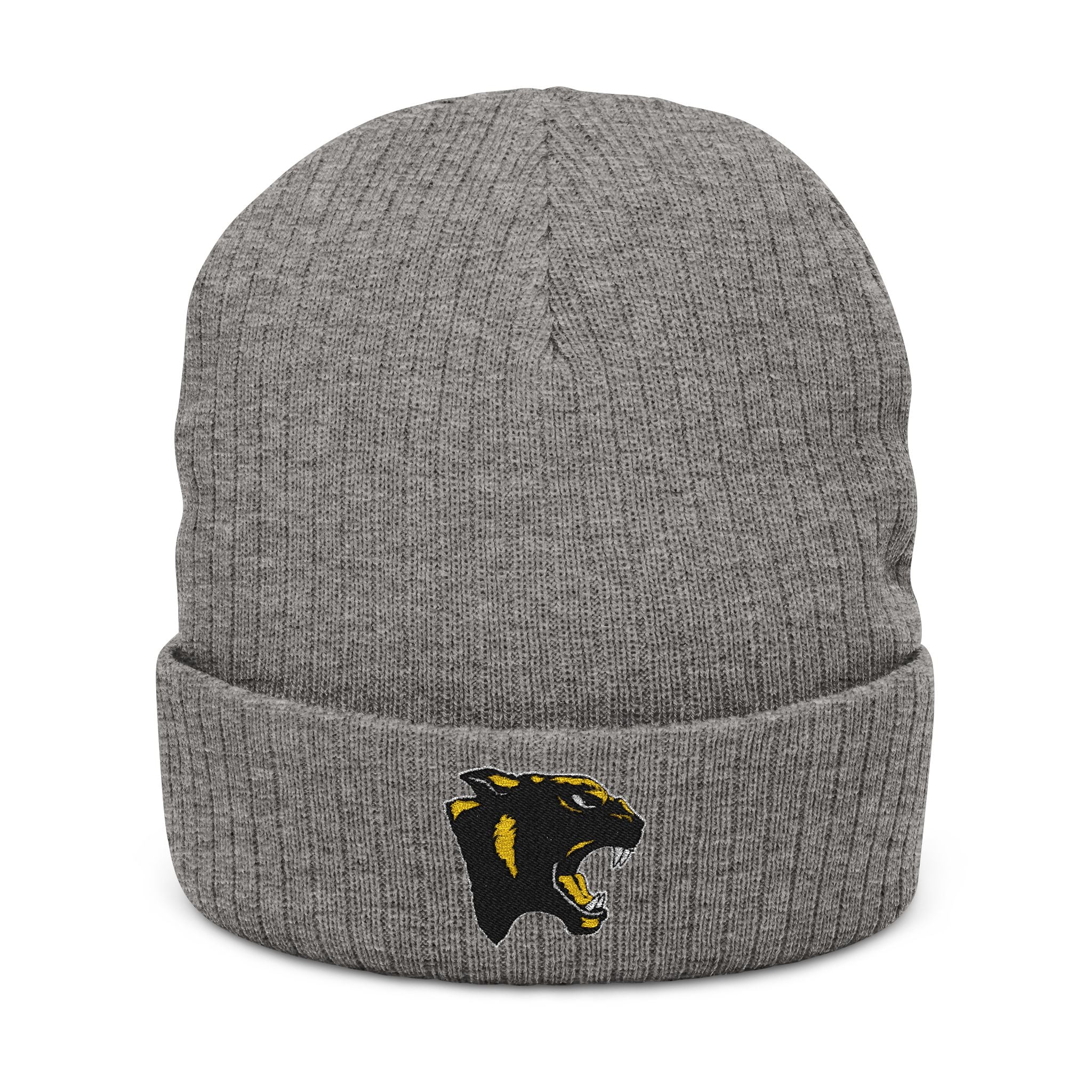 Ribbed Knit Beanie with Embroidered Panther Logo