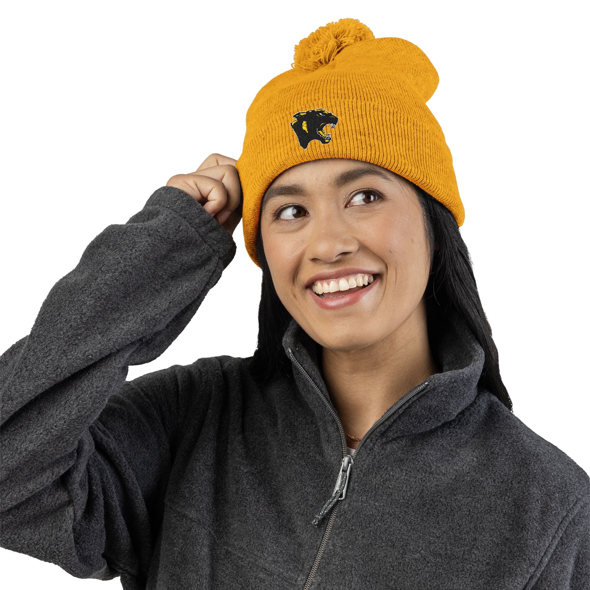 Embroidered Pom-Pom Knit Cap