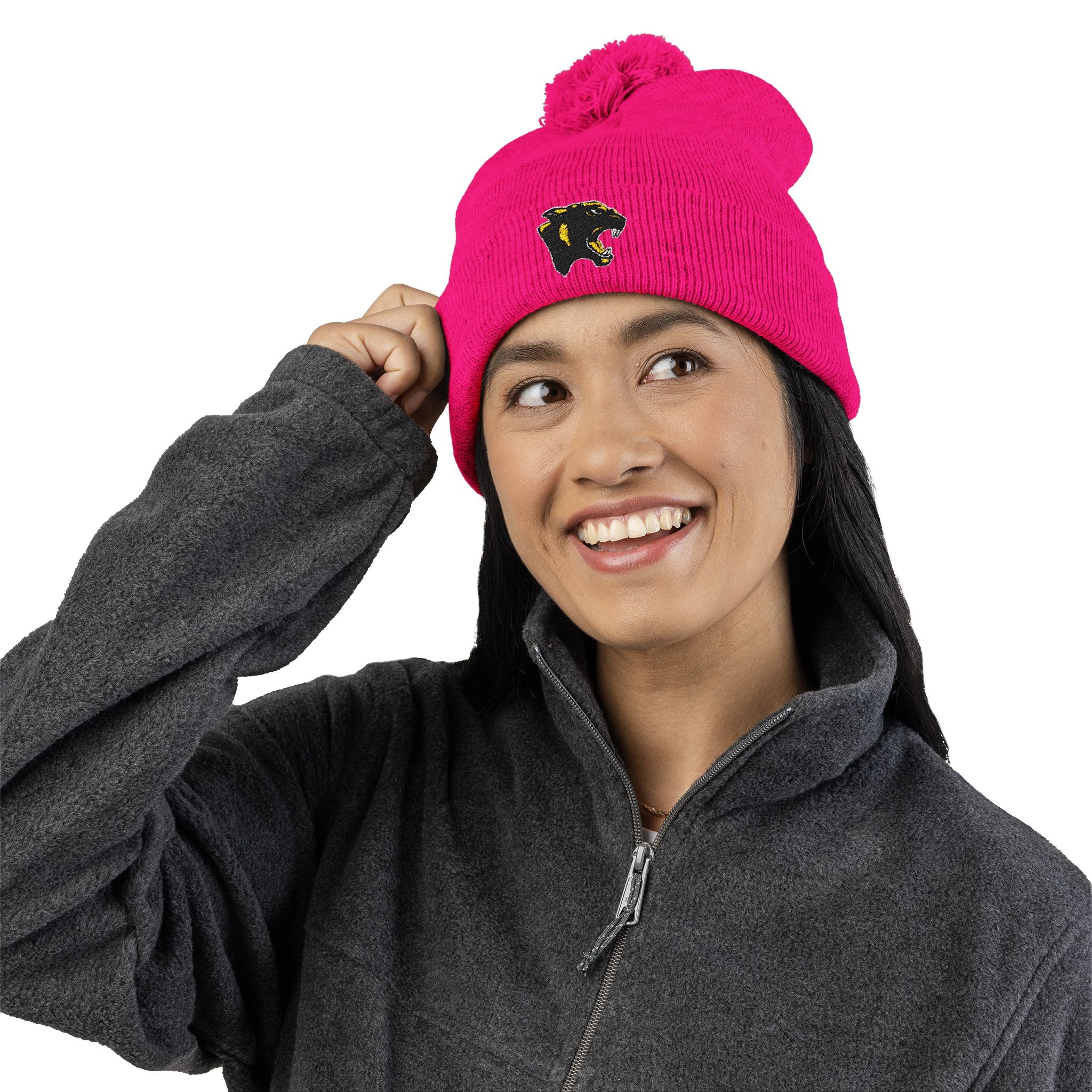 Embroidered Pom-Pom Knit Cap